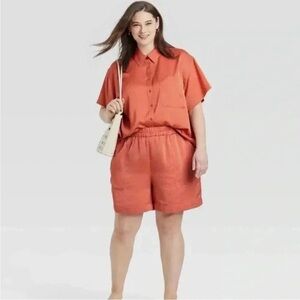 Two piece satin short set coral large lounge set leisure set